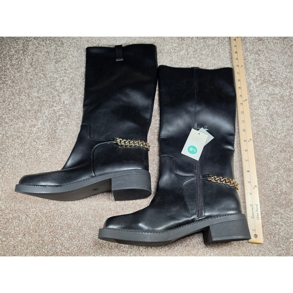 A New Day Bobbi Black Chain Boots Tall Block Heel Memory Foam 9.5 NWT